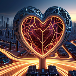 **Prompt:** A dynamic, abstract representation of energy flow through a complex modern power conversion system, depicted as a pulsating heart within intricate circuitry. Emphasize subtle heat dissipation, with wisps of light or thermal patterns indicating energy loss, set against a backdrop of a sustainable, futuristic cityscape at dusk, symbolizing efficiency and environmental impact. Focus on intricate, high-tech components.