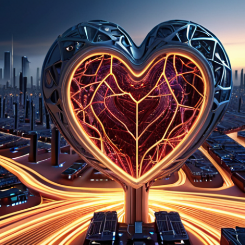 **Prompt:** A dynamic, abstract representation of energy flow through a complex modern power conversion system, depicted as a pulsating heart within intricate circuitry. Emphasize subtle heat dissipation, with wisps of light or thermal patterns indicating energy loss, set against a backdrop of a sustainable, futuristic cityscape at dusk, symbolizing efficiency and environmental impact. Focus on intricate, high-tech components.