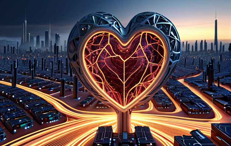 **Prompt:** A dynamic, abstract representation of energy flow through a complex modern power conversion system, depicted as a pulsating heart within intricate circuitry. Emphasize subtle heat dissipation, with wisps of light or thermal patterns indicating energy loss, set against a backdrop of a sustainable, futuristic cityscape at dusk, symbolizing efficiency and environmental impact. Focus on intricate, high-tech components.