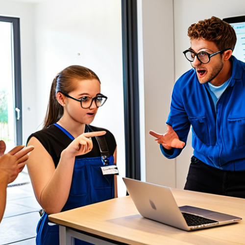 **

A dynamic workshop scene. An electrician, wearing safety glasses, gestures enthusiastically while explaining a Smart Home system diagram to a group of attentive apprentices. A laptop displaying code is nearby. The atmosphere is bright and modern, conveying continuous learning and skill enhancement in electrical engineering. Emphasize the modern technology aspect.

**