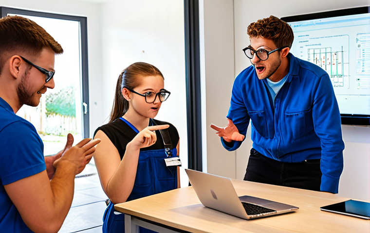 **

A dynamic workshop scene. An electrician, wearing safety glasses, gestures enthusiastically while explaining a Smart Home system diagram to a group of attentive apprentices. A laptop displaying code is nearby. The atmosphere is bright and modern, conveying continuous learning and skill enhancement in electrical engineering. Emphasize the modern technology aspect.

**