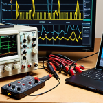 **A well-organized electronics workbench:** featuring an oscilloscope displaying a complex waveform, a multimeter with probes connected to a circuit board, a function generator with various signal settings, a power supply with adjustable voltage and current, and a breadboard populated with electronic components. The overall impression should be of a professional and well-equipped workspace for electronics testing and troubleshooting.
