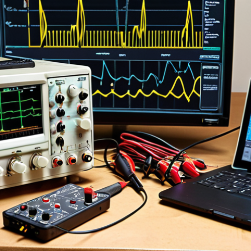 **A well-organized electronics workbench:** featuring an oscilloscope displaying a complex waveform, a multimeter with probes connected to a circuit board, a function generator with various signal settings, a power supply with adjustable voltage and current, and a breadboard populated with electronic components. The overall impression should be of a professional and well-equipped workspace for electronics testing and troubleshooting.
