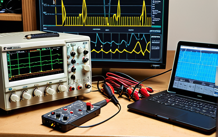**A well-organized electronics workbench:** featuring an oscilloscope displaying a complex waveform, a multimeter with probes connected to a circuit board, a function generator with various signal settings, a power supply with adjustable voltage and current, and a breadboard populated with electronic components. The overall impression should be of a professional and well-equipped workspace for electronics testing and troubleshooting.