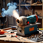 **

A chaotic workshop scene following a short circuit. Sparks are flying from an old, damaged power drill. Smoke fills the air, and there's a strong smell of burning plastic. Safety goggles and tools are scattered on a workbench, emphasizing the danger and need for electrical safety. The overall tone is dramatic and cautionary.

**