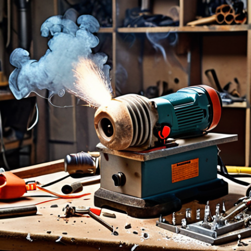 **

A chaotic workshop scene following a short circuit. Sparks are flying from an old, damaged power drill. Smoke fills the air, and there's a strong smell of burning plastic. Safety goggles and tools are scattered on a workbench, emphasizing the danger and need for electrical safety. The overall tone is dramatic and cautionary.

**
