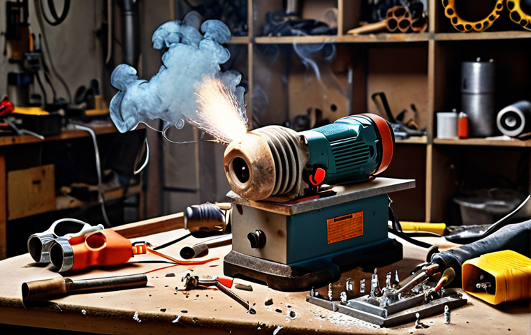 **
A chaotic workshop scene following a short circuit. Sparks are flying from an old, damaged power drill. Smoke fills the air, and there's a strong smell of burning plastic. Safety goggles and tools are scattered on a workbench, emphasizing the danger and need for electrical safety. The overall tone is dramatic and cautionary.
**