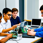 A diverse group of young adult electrical engineering students, fully clothed in modest, professional attire, collaborating intently around a well-organized workbench in a modern, brightly lit university electronics lab. They are gathered around a table displaying various electronic components, circuit boards, microcontrollers, and open laptops showing complex schematics. One student points to a component, another is engrossed in a laptop screen, and a third is carefully connecting wires with a soldering iron (safely held). The atmosphere is focused, collaborative, and innovative. Perfect anatomy, correct proportions, natural poses, well-formed hands, proper finger count. Professional photography, high-resolution, sharp focus, vibrant colors, clean studio lighting. safe for work, appropriate content, fully clothed, family-friendly.