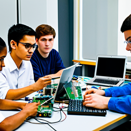 A diverse group of young adult electrical engineering students, fully clothed in modest, professional attire, collaborating intently around a well-organized workbench in a modern, brightly lit university electronics lab. They are gathered around a table displaying various electronic components, circuit boards, microcontrollers, and open laptops showing complex schematics. One student points to a component, another is engrossed in a laptop screen, and a third is carefully connecting wires with a soldering iron (safely held). The atmosphere is focused, collaborative, and innovative. Perfect anatomy, correct proportions, natural poses, well-formed hands, proper finger count. Professional photography, high-resolution, sharp focus, vibrant colors, clean studio lighting. safe for work, appropriate content, fully clothed, family-friendly.