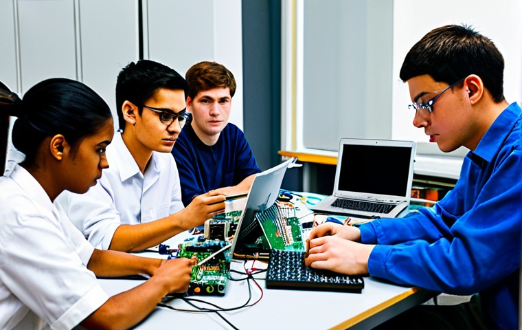 A diverse group of young adult electrical engineering students, fully clothed in modest, professional attire, collaborating intently around a well-organized workbench in a modern, brightly lit university electronics lab. They are gathered around a table displaying various electronic components, circuit boards, microcontrollers, and open laptops showing complex schematics. One student points to a component, another is engrossed in a laptop screen, and a third is carefully connecting wires with a soldering iron (safely held). The atmosphere is focused, collaborative, and innovative. Perfect anatomy, correct proportions, natural poses, well-formed hands, proper finger count. Professional photography, high-resolution, sharp focus, vibrant colors, clean studio lighting. safe for work, appropriate content, fully clothed, family-friendly.