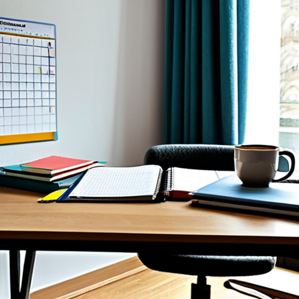Organized Study Space**

"A well-organized desk with textbooks, notebooks, and a cup of coffee. The desk is brightly lit and features common German stationery brands. A calendar is visible in the background, showing a planned-out study schedule. Fully clothed student, appropriate attire, safe for work, perfect anatomy, natural proportions, professional photography, high quality."

**