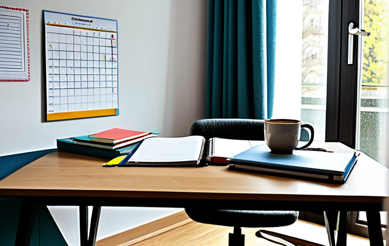 Organized Study Space**
"A well-organized desk with textbooks, notebooks, and a cup of coffee. The desk is brightly lit and features common German stationery brands. A calendar is visible in the background, showing a planned-out study schedule. Fully clothed student, appropriate attire, safe for work, perfect anatomy, natural proportions, professional photography, high quality."
**
