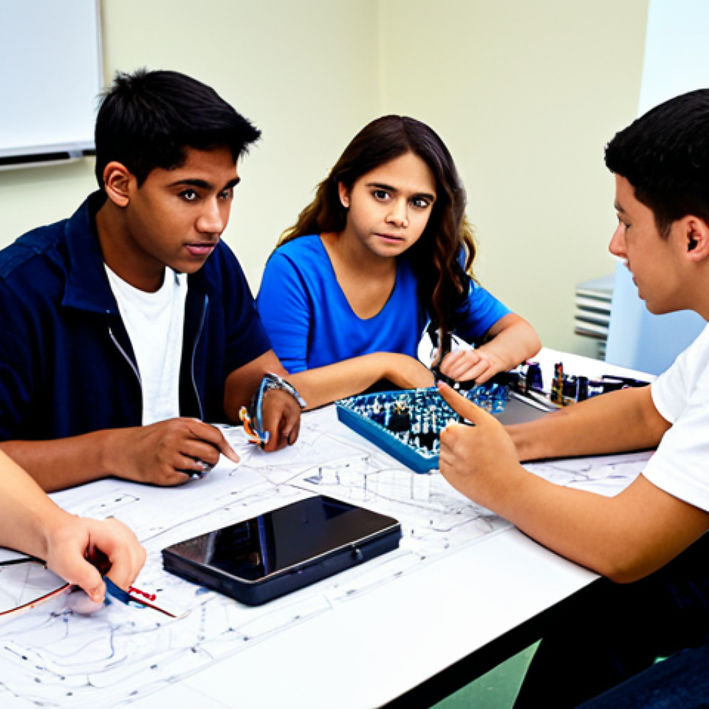 전자기술사 학습 모임 성공 사례 - Collaborative Learning Session**

"A diverse group of electronics technician students, fully clothed...
