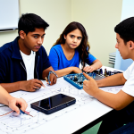전자기술사 학습 모임 성공 사례 - Collaborative Learning Session**

"A diverse group of electronics technician students, fully clothed...