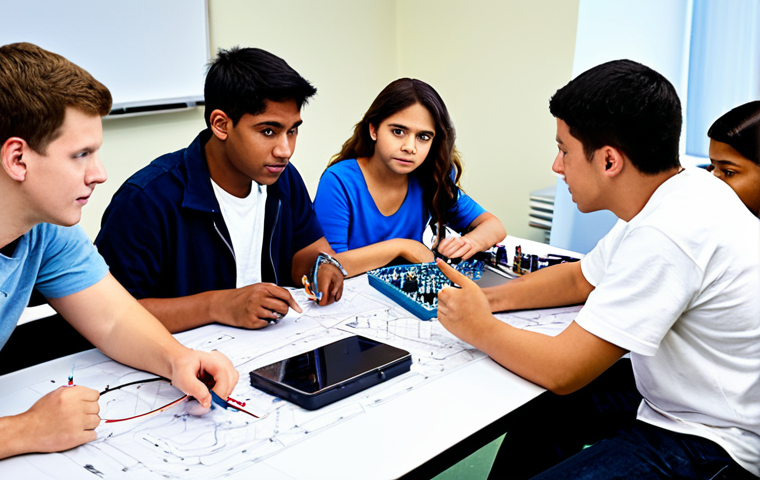 전자기술사 학습 모임 성공 사례 - Collaborative Learning Session**
"A diverse group of electronics technician students, fully clothed...