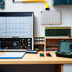 전자기술사와 관련된 전자공학 이론 - **Prompt:** "A bright and organized workbench in a German hobby room, featuring electronic component...