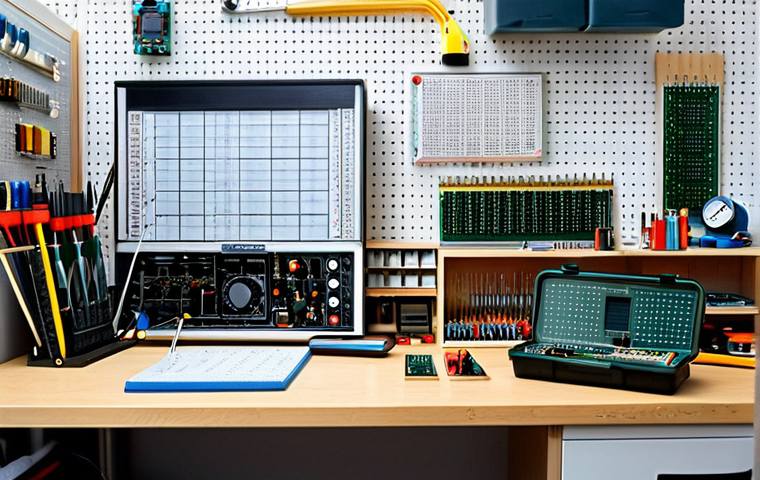 전자기술사와 관련된 전자공학 이론 - **Prompt:** "A bright and organized workbench in a German hobby room, featuring electronic component...