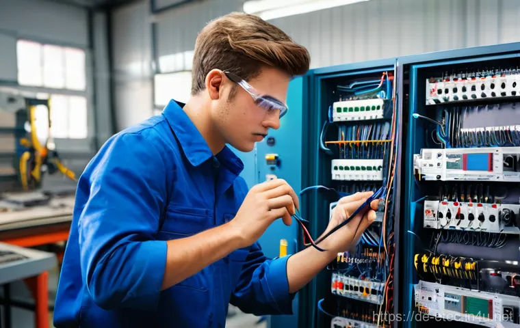 전자기술사 필기시험 마지막 점검 팁 - **Prompt:** A young, focused electrician apprentice, wearing safety glasses and a practical work shi...