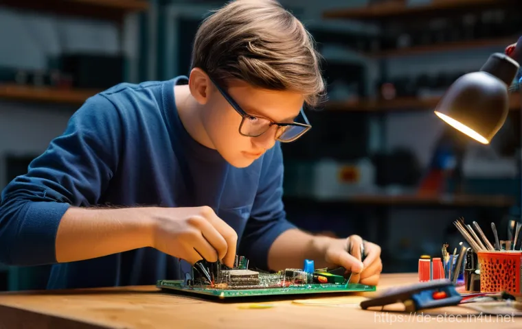 전자기술사와 실무 중심 학습 사례 연구 - A focused young electronics student, wearing a casual t-shirt, diligently soldering components onto ...