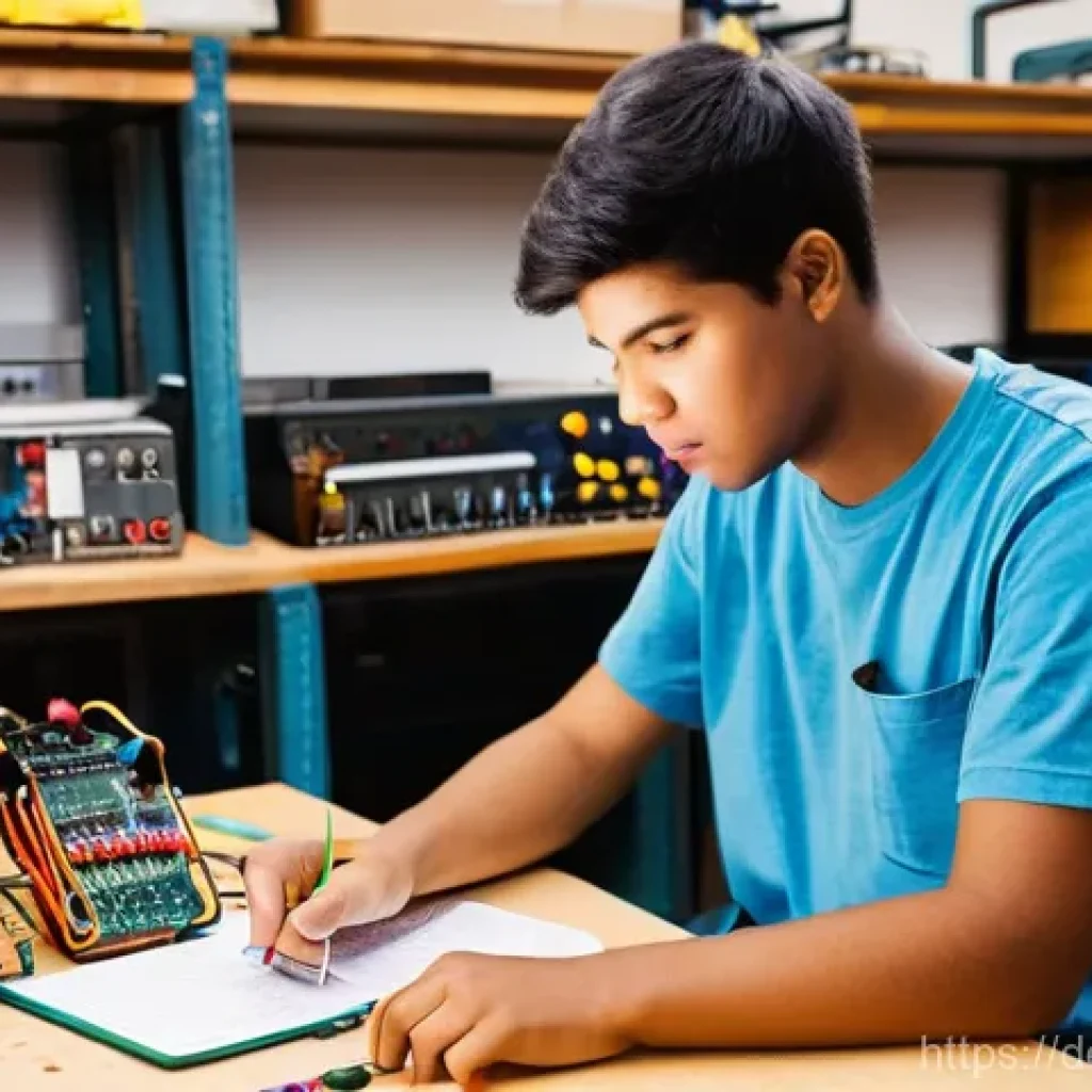전자기술사와 시험 준비의 체크리스트 작성 - **"A vibrant and educational scene featuring a young electronics apprentice, aged 17, diligently stu...