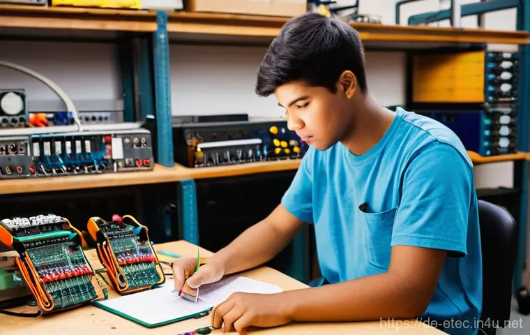 전자기술사와 시험 준비의 체크리스트 작성 - **"A vibrant and educational scene featuring a young electronics apprentice, aged 17, diligently stu...