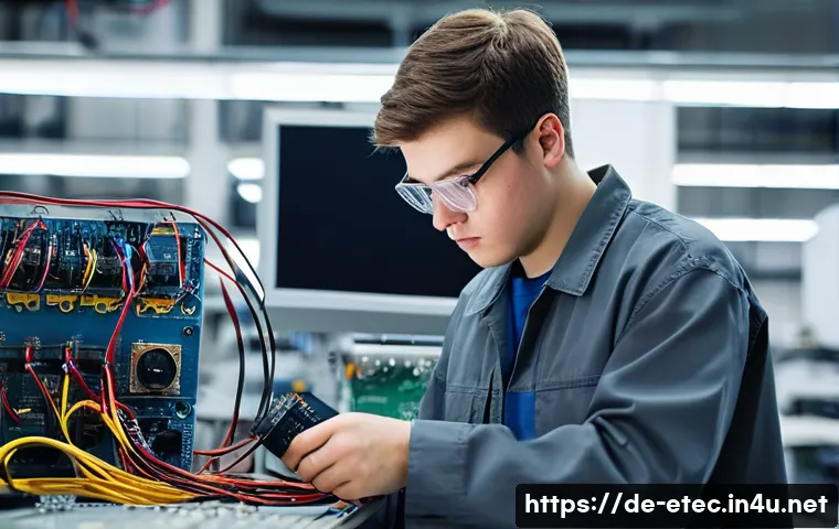 전자기술사 필기 기출문제 분석 사례 - **Prompt:** A focused young male electronics technician, aged 22, meticulously examining a complex c...