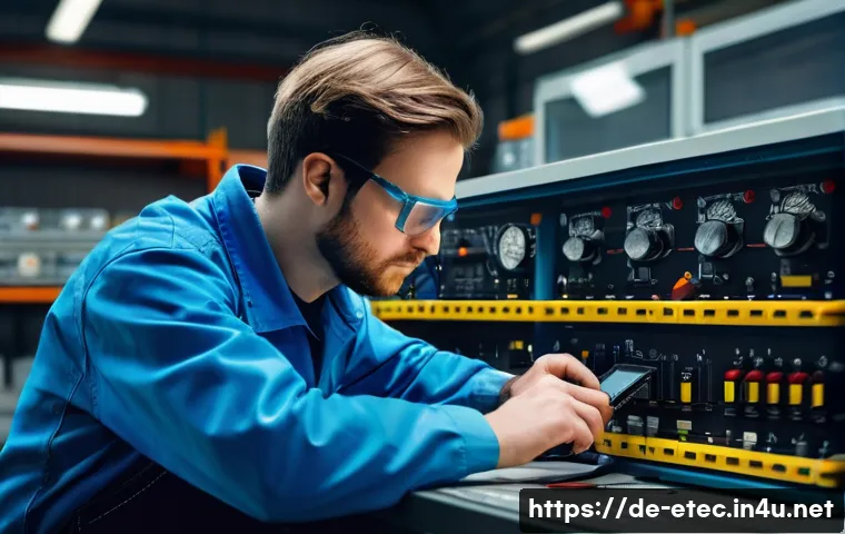 전자기술사 실기시험의 성공 전략 - A detailed and realistic scene of a young adult male electrician in a well-lit German workshop, wear...
