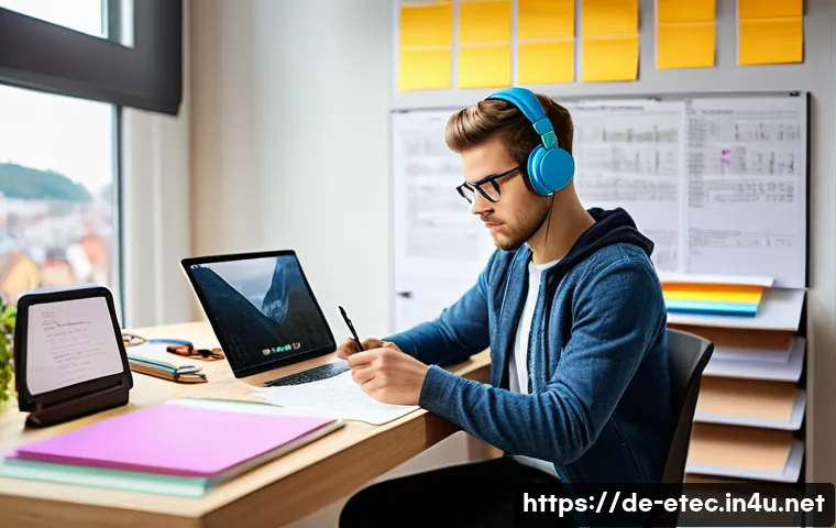 전자기술사 스터디 동기 부여 방법 - A focused young adult engineering student studying at a modern desk in a cozy, well-lit German-style...