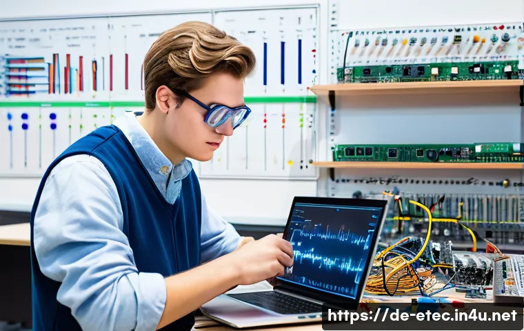 전자기술사 최신 기출문제 분석 - A detailed laboratory scene featuring a German engineering student wearing safety glasses and casual...