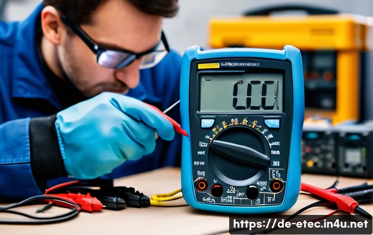 전자기술사 실기 시험 주요 장비 소개 - A detailed close-up scene of a skilled German electrician in a modern workshop, carefully using a di...